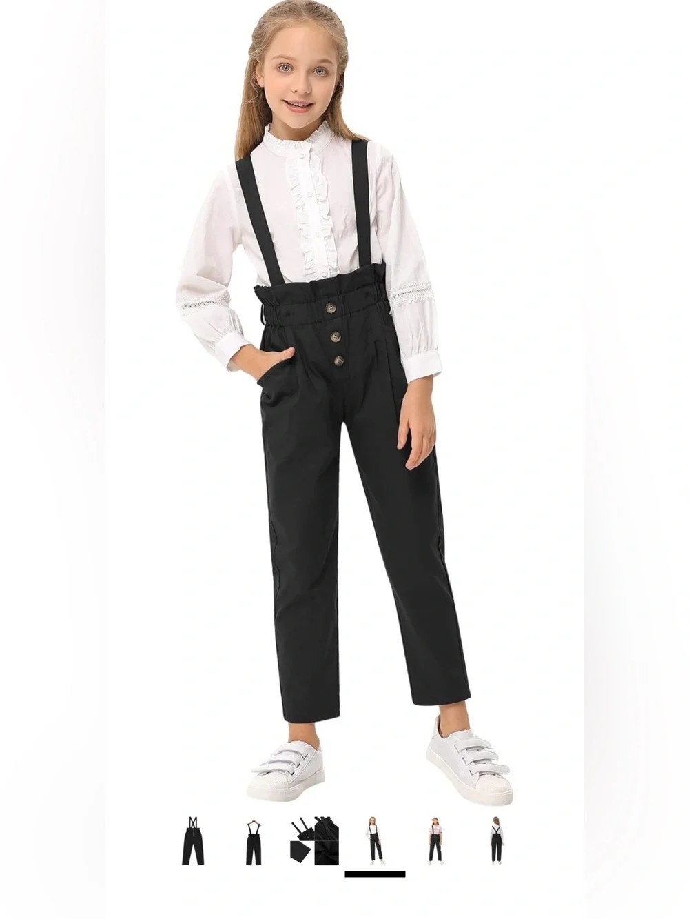 KUKUME Girls Black Suspender Pants High Waist Pleated Ruffle Waist Trousers NWT